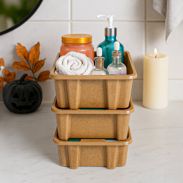 Stackable Storage Solution Light Brown Plastic Bins (3 pack)