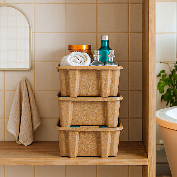 Stackable Storage Solution Light Brown Plastic Bins (3 pack)