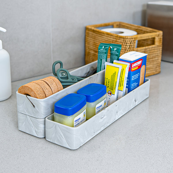 Plastic White Marble Trays - Durable, Lightweight & Stackable Multi-Use Design (3-Pack)